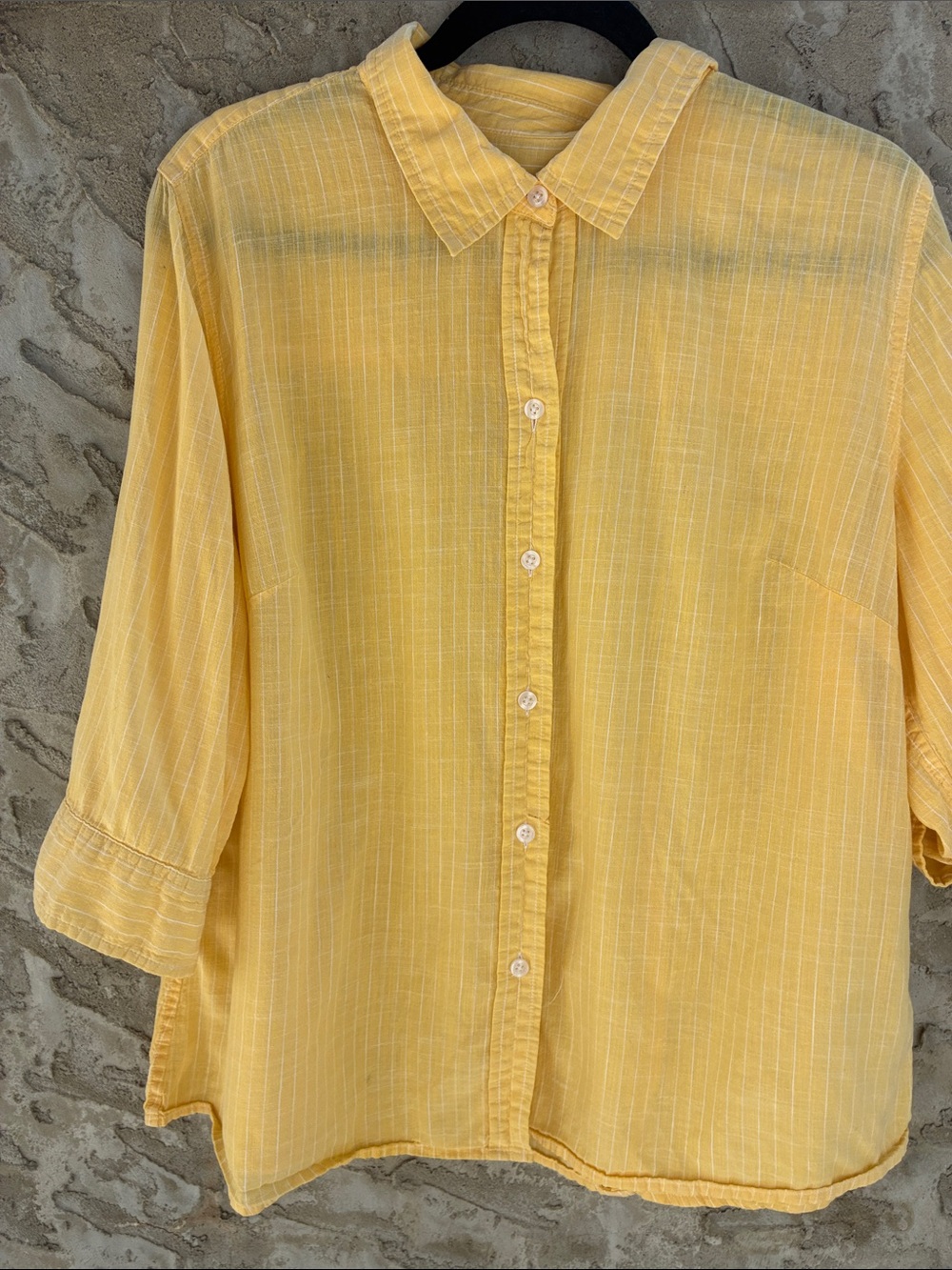 Talbots Pinstriped Linen Yellow Button-Down 3/4 Button worn 1x Sz 1X